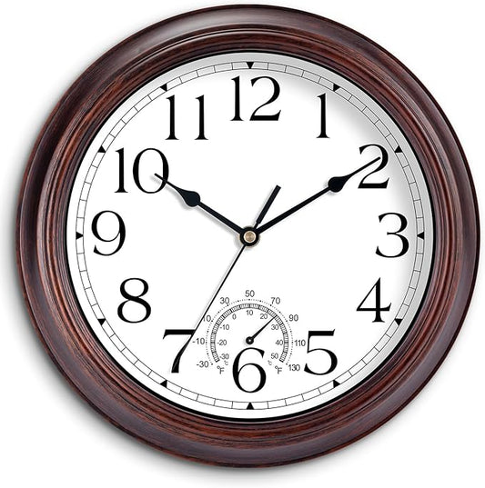 8.5 Inch Outdoor Wall Clock with Thermometers, Vintage Silent Wall Clocks Battery Operated, Retro Non-Ticking Clock Decorative for Living Room, Patio, Kitchen, Office, Bathroom, Bedroom(Bronze)