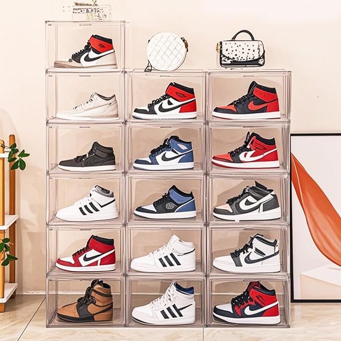 Fully transparent magnetic door shoes storage box for household use multifunctional plastic stackable dustproof shoe box space-saving