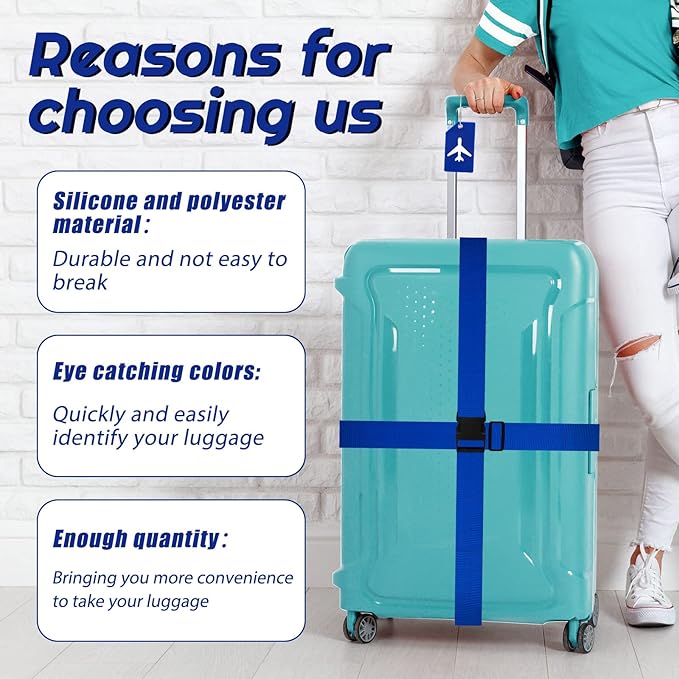 Weewooday 8 Pcs Luggage Straps Suitcase Tags Set for TSA Approved, 4 Travel Adjustable Suitcase Belt, 4 Silicone Luggage Tags with Name ID Card Travel Accessories(Ultramarine,Airplane)