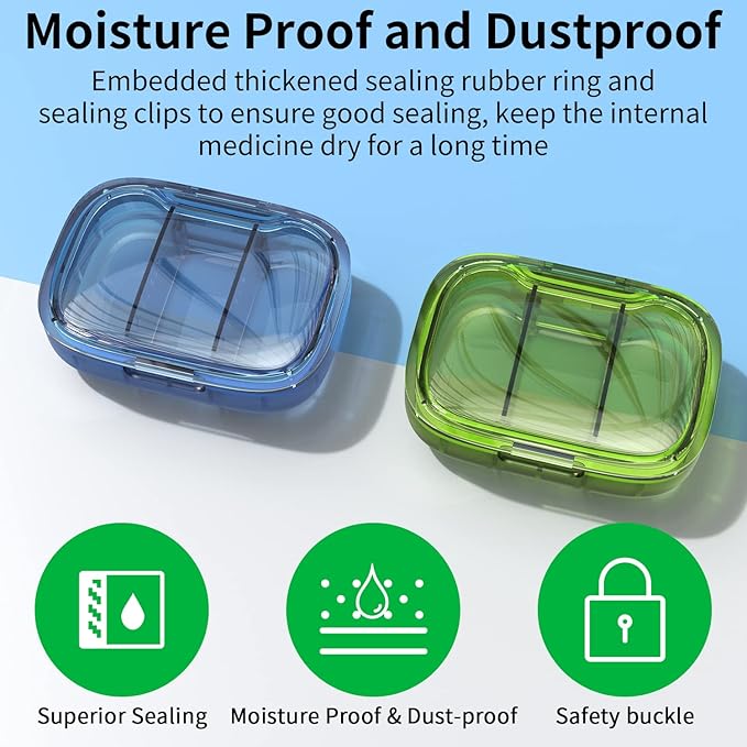 2 Pack 3 Compartment Small Pill Box, Moisture Proof Case, Travel Organizer for Pocket Purse, Daily Portable Medicine Vitamin Container, Fish Oil and Supplement Storage