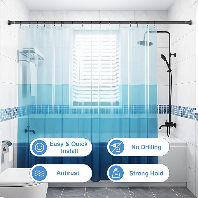 Tension Curtain Rod 45-77 Inch 2Pack Black Shower Tension Rod Adjustable Curtain Rods No Drilling Shower Curtain Rods for Bathroom,Doorway,Closets,Windows