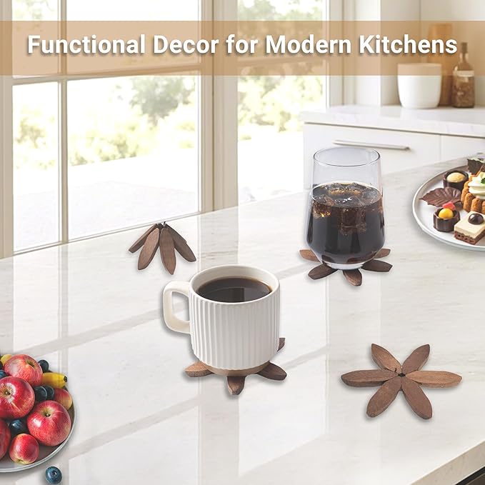 Yuoyar Coasters, Wooden Tree-Shaped Sapeli Wood Drink Coasters Set for Coffee Table, Kitchen Table Decor