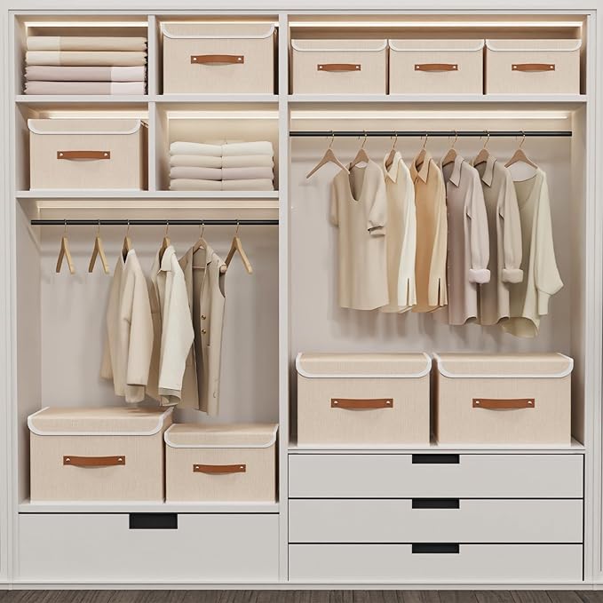 Yawinhe Collapsible Storage Boxes, Linen Fabric Baskets, Bin with lid and Leather Handle, Washable, for Home, Closet, Beige, 17.7''Lx11.8''Wx11.8''H, 3-Pack, USNK024BEX-3