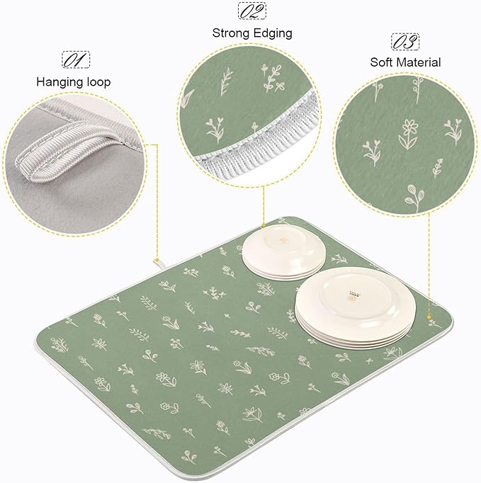 Sage Green Dish Drying Mat Quick Absorbent 16x18 Doodled Botany Flowers Leaves Herbs Plants Kitchen Drying Mat for Countertop Sink Reusable Dishes Mats Kitchen Essentials