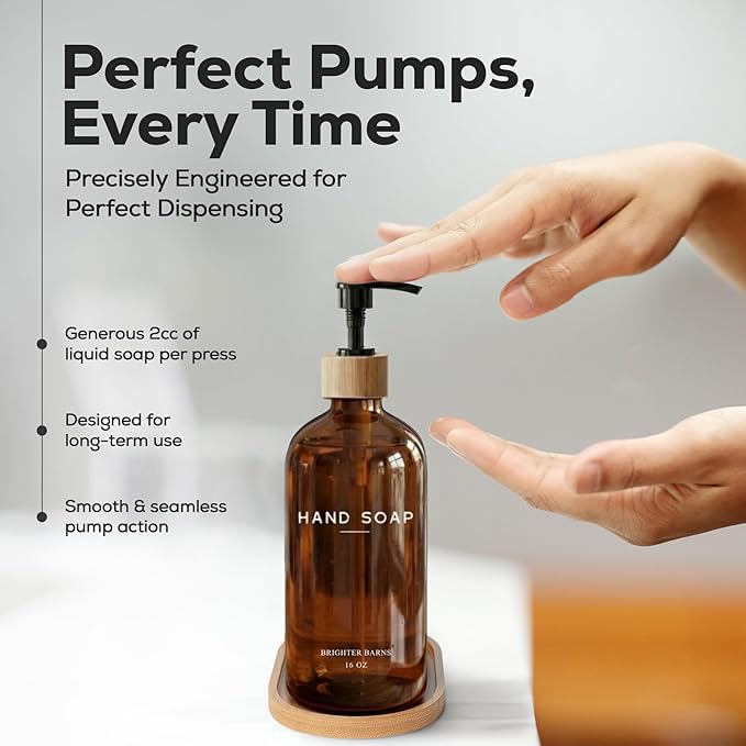 Amber Glass Soap and Lotion Dispenser Set with Tray by Brighter Barns - Hand Soap Dispenser Bathroom Set - Glass Bottles with Pump - Bamboo Home Accessories & Modern Bathroom Decor for Airbnb (Amber)