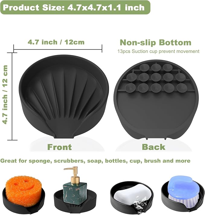 Sponge Holder for Scrub Daddy with Suction Cups and Drain Spout Kitchen Sink Caddy Organizer, Soap Dishes Holder Accessories Rack, Dishwasher Safe - 4.7"x4.7", Black