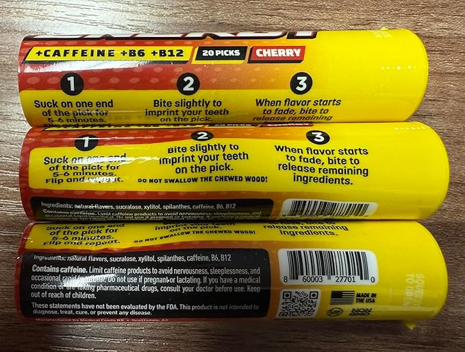 Xero Picks Energy Caffeine Flavored Toothpicks B12 for Focus & B6, 60 Picks (Pack of 3) (Cherry) Sugar-Free Alternative to Energy Mints & Gum - Kosher