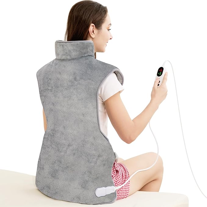 Mia&Coco Heating Pad for Neck Shoulders and Back, XL 23"x39" Soft Flannel Wrap, Waist Strap, Fast Heat Hot Therapy 6 Heat Settings, Auto-Off Timer, Machine Washable, Grey