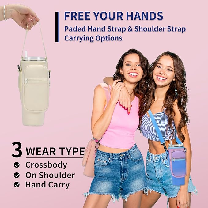 GOEWY Water Bottle Carrier Bag for Stanley 40/30 oz Tumbler with Phone Pocket Neoprene Water Bottle Holder with Shoulder & Handheld Strap Stanley Cup Accessories
