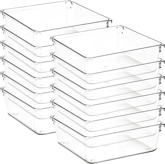 12 Pack Drawer Organizer - 6" X 6" Clear Acrylic Storage Bins with Non-Slip Pads, Versatile Desk Tray for Makeup, Jewelry, Kitchen, Bathroom, and Office Organization