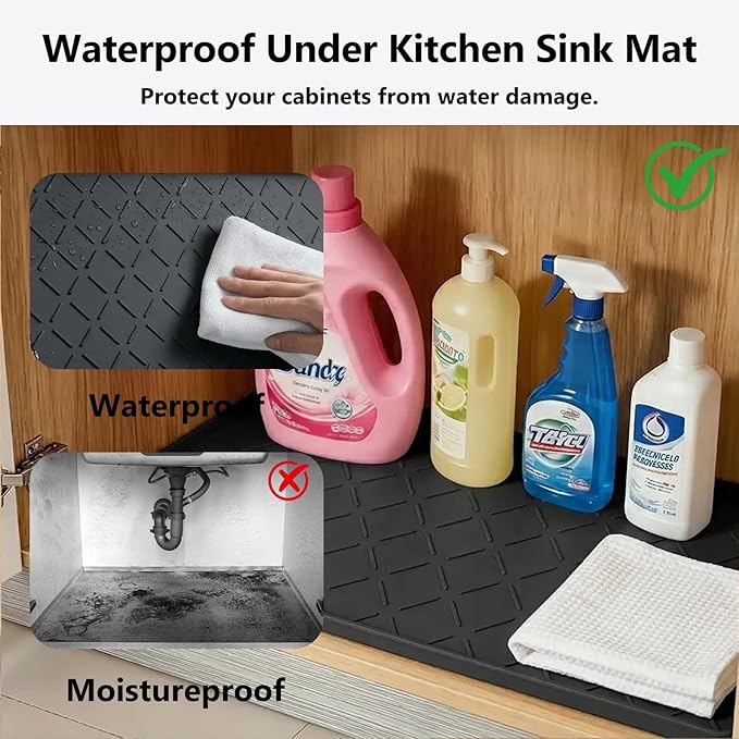 Mateeylife Under Sink Mats for Kitchen Waterproof 31"X22", Undersink Protectors，Silicone Mat Cabinet Liner, Under Sink Organizer for Bathroom and Kitchen，Boot Tray Pet Food Mat, Classic Black