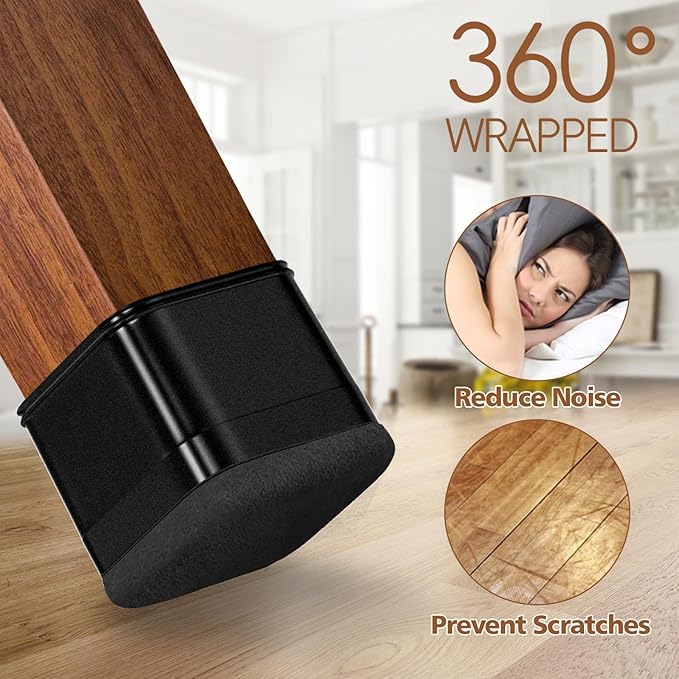 16Pcs Square Chair Leg Floor Protectors with Thickened Felt Pads Silicone Chair Leg Covers Caps to Protect Hardwood Tile Floors Furniture Feet Reduce Noise (Black L Fit 1.14"-1.42")