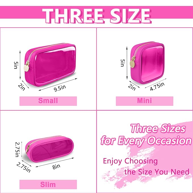 Clear Small Makeup Bag with Zipper, Nylon&PVC Cosmetic Travel Bag Preppy TSA Approved Toiletry Bag for Women Girls, Transparent Waterproof Makeup Pouches Cute Travel Bag for Purse (Small-Hot Pink)