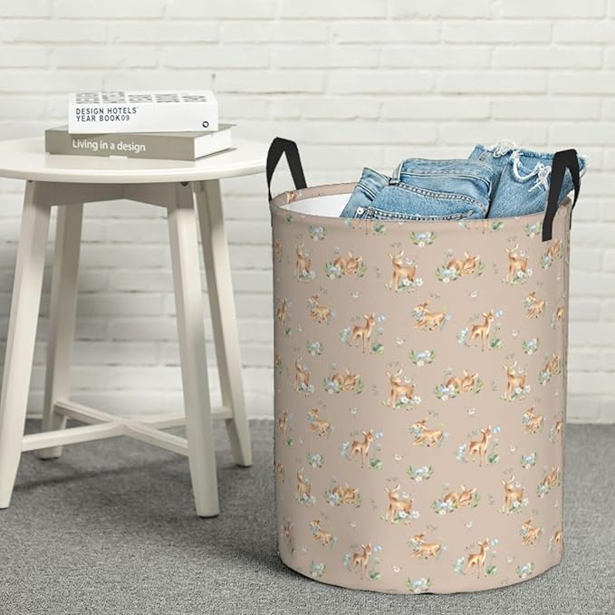 Watercolor Baby Deers Animal Round Laundry Hamper Storage Basket Toys Clothes Organizer Bin For Home Bathroom Bedroom Dorm Nursery, 38l