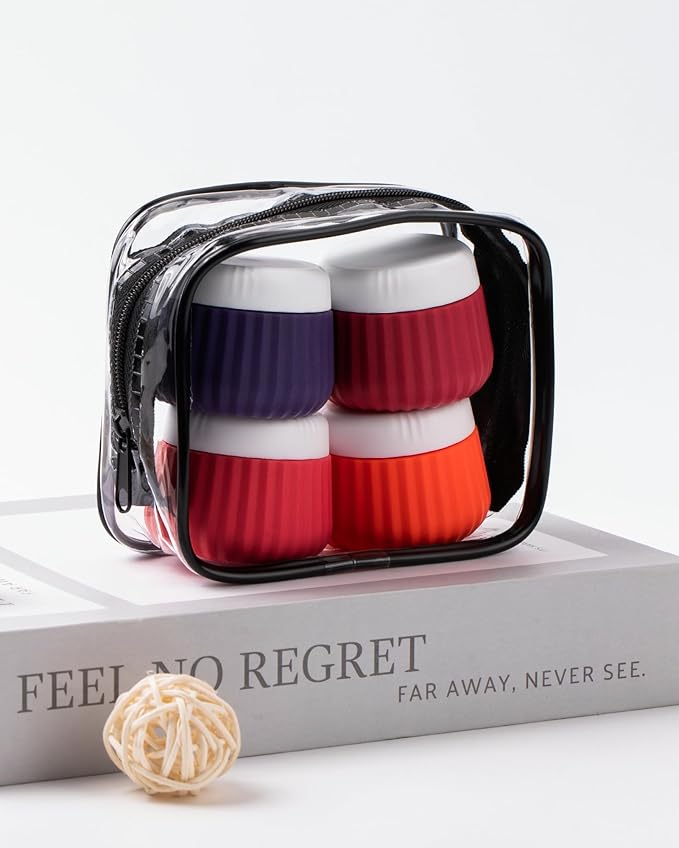 4 Pack Travel Size Toiletries, TSA Approved Silicone Jars, Leak-Proof, Wide Opening, Portable with Clear Bag