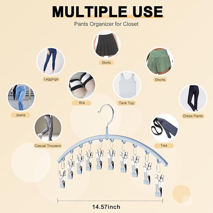 Volnamal Legging Organizer for Closet, Metal Yoga Pants Hanger w/Rubber Coated 4 Pack w/10 Clips Hold 40 Leggings, Hangers Space Saving Hanging for Closet Organizers and Storage, Blue