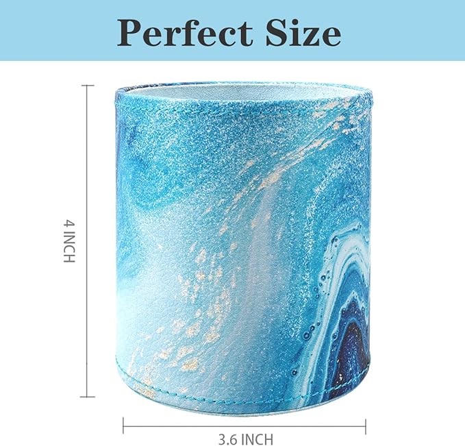 WAVEYU Marble Pen Holder for Desk, Pencil Organizer Office Decor, Large Makeup Brush Holder Pu Leather Multi-Functional Organizer Cup for Office, Home, Classroom, Blue Marble