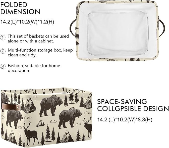 Aslsiy Storage Basket Vintage Deer Bear Moose Nursery Bins National Park Baby Box Canvas Clothes Shelf Basket Laundry Hamper for Home Closet 1 Pcs