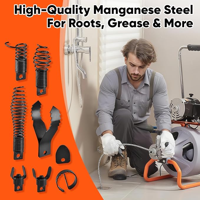 8-Piece Drain Snake Kit for 5/16" to 3/4" Cables – Heavy-Duty Manganese Steel Cutters for Roots, Grease & Stubborn Clogs – Includes Storage Case & Metal Ring