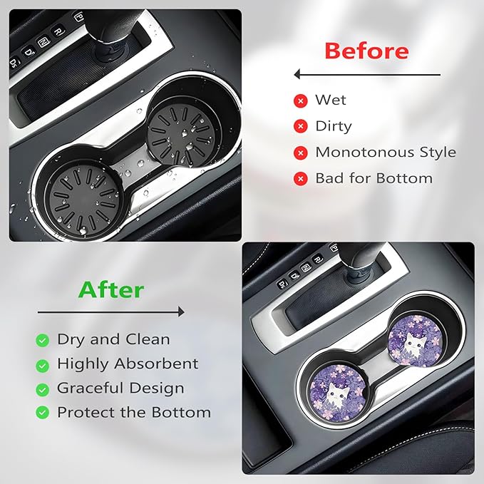 Car Cup Holder Coasters, 2 Pcs Ceramic Coasters with Cork Back and Finger Slot, Anti-Slip Shock Absorbing Women and Men Universal Car Accessories - White Little Cat