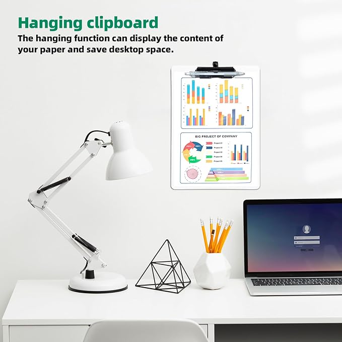 White Clipboard with Pen Holder, Set of 6 Plastic Clipboard with Low Profile Metal Clip, Hanging Clipboards Holds 8.5x11 Inch Papers, Standard A4 Letter Size Clip Boards for Office & School