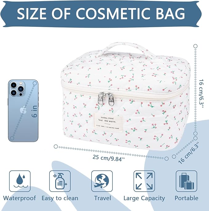 Large Travel Quilted Makeup Bag for Women,Big Floral Cotton Cosmetic Bag, Cute Coquette Aesthetic Floral Toiletry Organizer Bag (White Cherry)