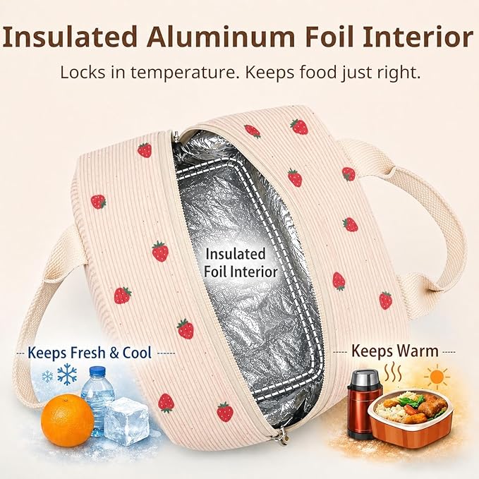 LOVELYWIND Insulated Strawberry Lunch Bag for Women, Stylish Corduroy Tote with Aluminum Lining, Large Capacity Reusable Cooler for Work, Travel, Beach or Picnic, Beige Cream Water-Resistant Lunch Box