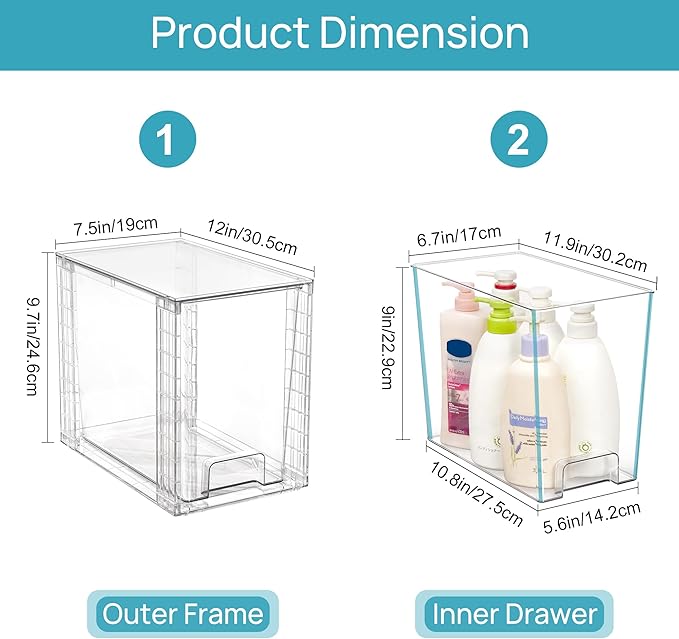 Vtopmart 4 Pack Clear Stackable Storage Drawers, 9.7" High Plastic Organizers Bins for Skincare, Bathroom Supplies, Ideal for Cabinet, Undersink, Vanity, Kitchen, Pantry Organization