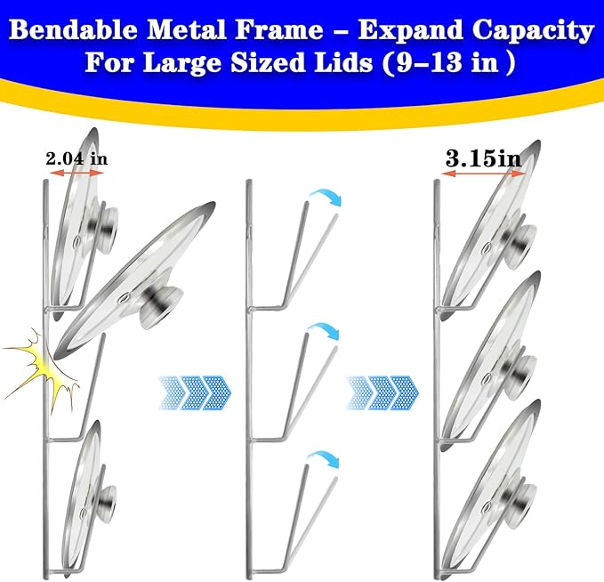 2 Pack Pot Lid Organizer Rack, 6 Tier Hanging Pot Lids Holder Inside Cabinet Door, No Drilling Adhesive Wall Mounted Pan Lid Organizer, Kitchen Cooking Lid Storage Rack for Cupboard (Silver)