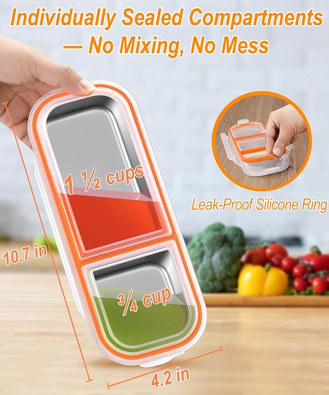 KTKUDY 3 Pack Stainless Steel Snack Containers for Kids & Adults - Leak-Proof 2-Compartment Stackable Snack Lunch Boxes for Daycare, School, Work & Travel