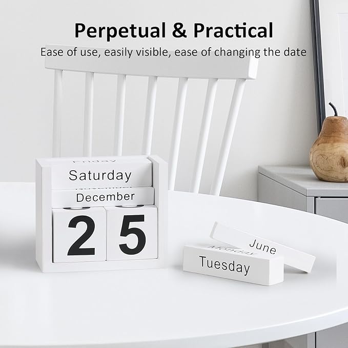 Wooden Block Calendar for Desk, Daily Desktop Perpetual Desk Calendar, Cute Date Display Blocks Desk Accessory for Home Office Decor, Teacher, Classroom, Reusable Yearly, White
