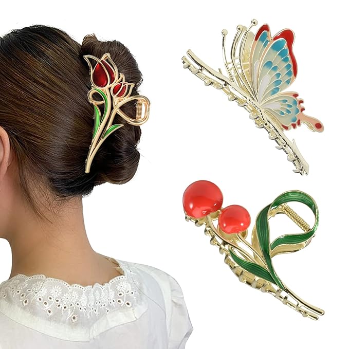 3-Piece Flower Metal Hair Clips, Tulip Floral Hair Claw for Thin/Medium Thick Hair, Elegant Butterfly Barrettes Strong Hold Clamps Non-Slip Cute Cherry Claws Accessories