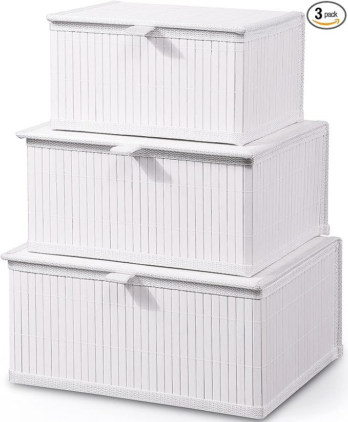 Honygebia Bamboo Decorative Storage Boxes - Set of 3 Woven Lined Storage Baskets with Lids, White Wicker Lidded Baskets for Home Kitchen Shelf Organizer Decor