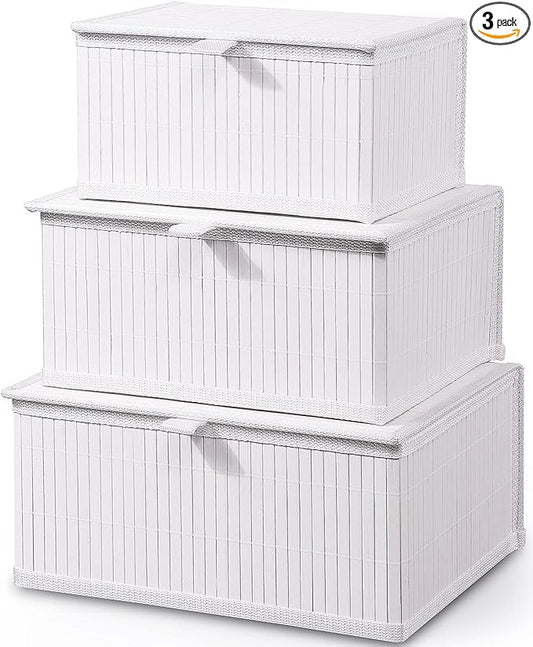 Honygebia Bamboo Decorative Storage Boxes - Set of 3 Woven Lined Storage Basket with Lids, White Wicker Lidded Baskets for Home Kitchen Shelf Organizer Decor