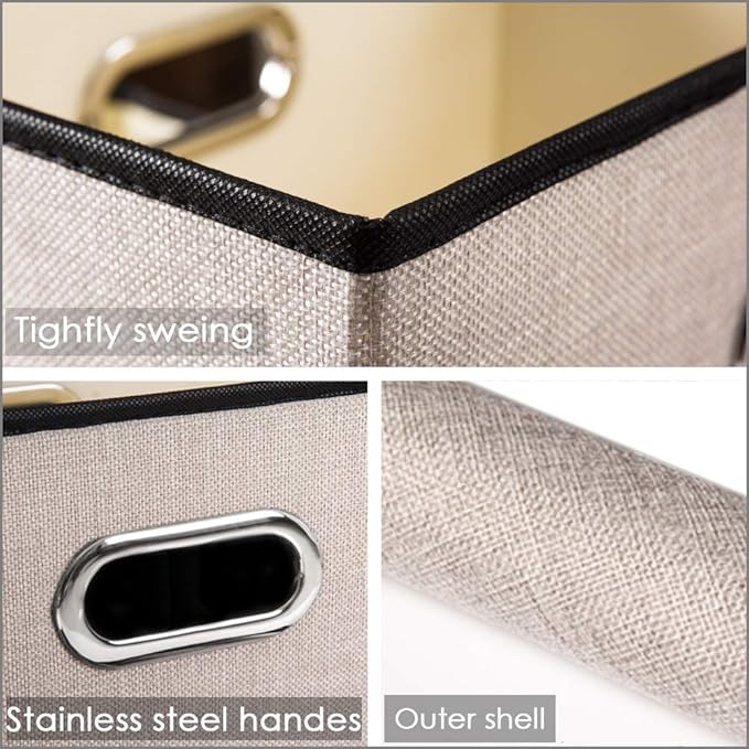 PRANDOM Foldable Storage Bin with Lid [3-Pack] Linen Fabric Decorative Storage Box Organizer Container Basket Cube with Handles Divider for Closet Office Living Room Light Grey (14.9x9.8x9.8)