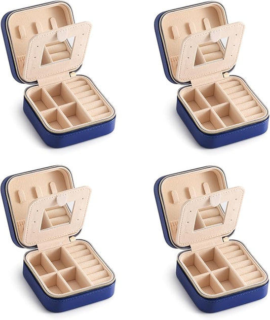 Jewelry Case with Mirror, Small Travel Jewelry Organizer, Portable Mini Storage Box for Rings, Earrings, Necklaces, Gift for Mom, Girl, Daughter, Bridesmaids, Mother's Day Gift (NavyBlue-4packs)