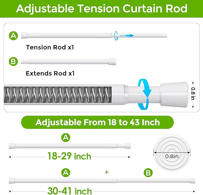 2 Pack Spring Tension Rod 18-41 Inches No Drilling Adjustable White Spring Loaded Curtain Rod Expandable Small Short Tension Curtain Rod for Windows,Kitchen,Doorway