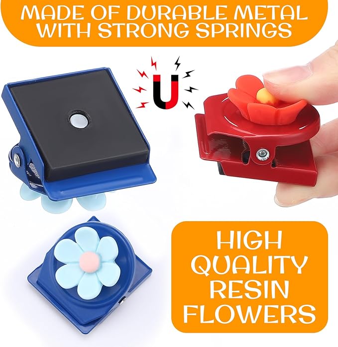 AceOrbit 12 Pcs Flower Magnets Clips Refrigerator Magnetic Clips Colorful Decorative Magnets Metal Magnet for Fridge Whiteboard Classroom Kitchen Office (Colorful)