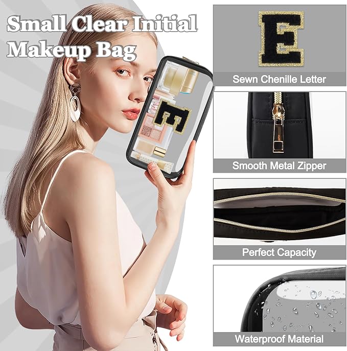 Small Clear Personalized Initial Makeup Bag,Nylon Preppy A-Z Chenille Letter Patch Cosmetic Pouch Beach Toiletry Bag,Waterproof Zipper Travel Purse Storage Bag Organizer for Women Girls(Black-Black E)