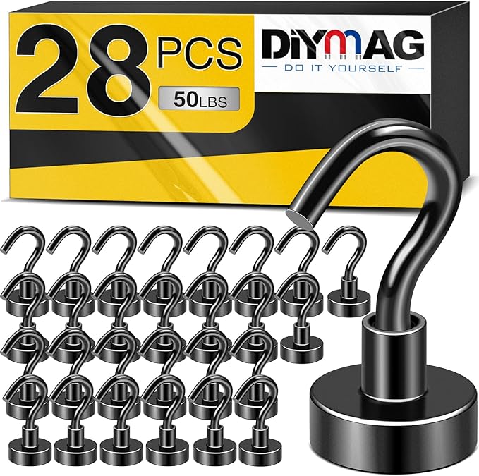 DIYMAG Magnetic Hooks, 28-Pack Magnet Hooks, Strong Heavy-Duty Magnetics for Kitchen Refrigerator Hanging, Classroom, Cruise Cabins, Accessories Hook, Black