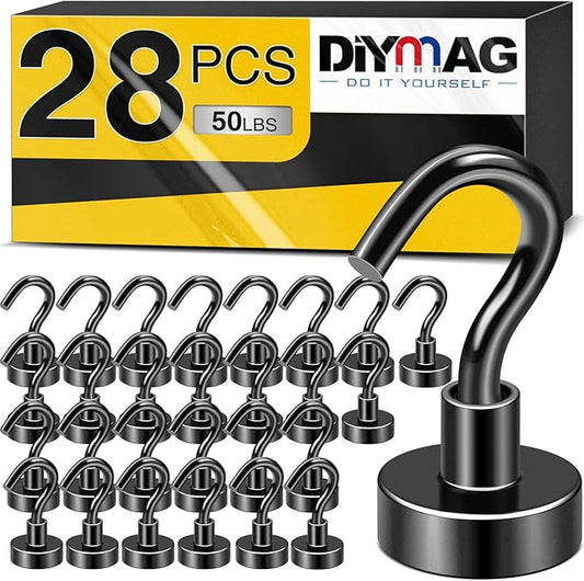 DIYMAG Magnetic Hooks, 28-Pack Magnet Hooks, Strong Heavy-Duty Magnetics for Kitchen Refrigerator Hanging, Classroom, Cruise Cabins, Accessories Hook, Black