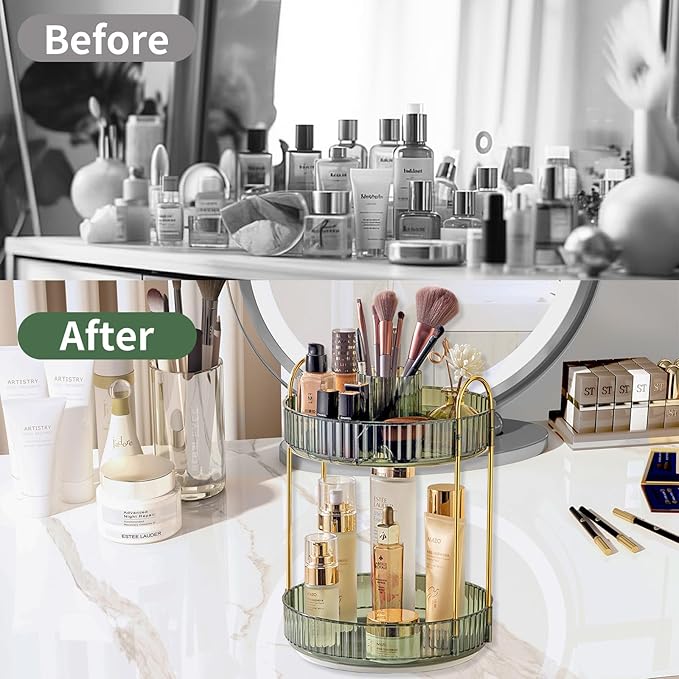 360 Rotating Makeup Organizer, 2 Tier Large Capacity Make Up Organizers and Storage, Skincare Perfume Vanity Organizers, Bathroom Cosmetics Storage Organizer Countertop (Green)