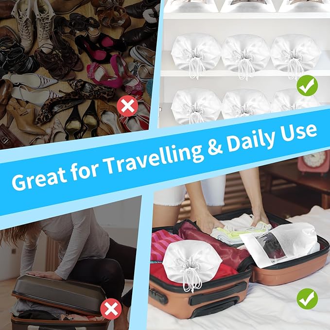 12 Pack Shoe Bags for Travel, Large Travel Shoe Bags for Packing with Clear Window, Dustproof Drawstring Travel Shoe Storage Bags Travel Essentials for Men & Women, White