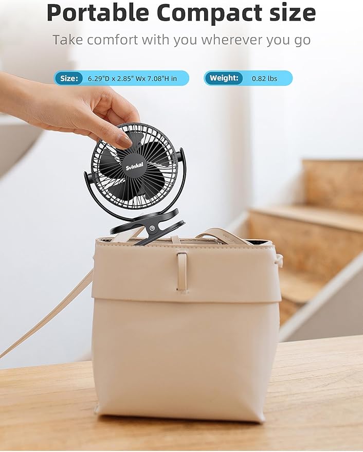 USB Portable Clip on Fan, 2400mAh Battery Type-C 6in, 3 Speed 720° Tilting Head, Black Personal Rechargeable Fan for Desk, Bedside, Golf Cart, Baby Stroller, Indoor & Outdoor Use