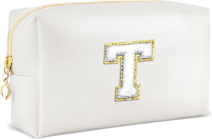 Gifts for Girls Initial Makeup Bag Personalized Cosmetic Bag with Zipper Cute Travel Toiletry Bags Waterproof PU Preppy Makeup Pouch Birthday Gift for Teen Girls Women(White T)