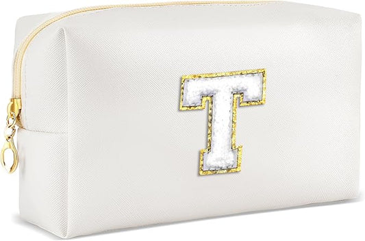 Gifts for Girls Initial Makeup Bag Personalized Cosmetic Bag with Zipper Cute Travel Toiletry Bags Waterproof PU Preppy Makeup Pouch Birthday Gift for Teen Girls Women(White T)