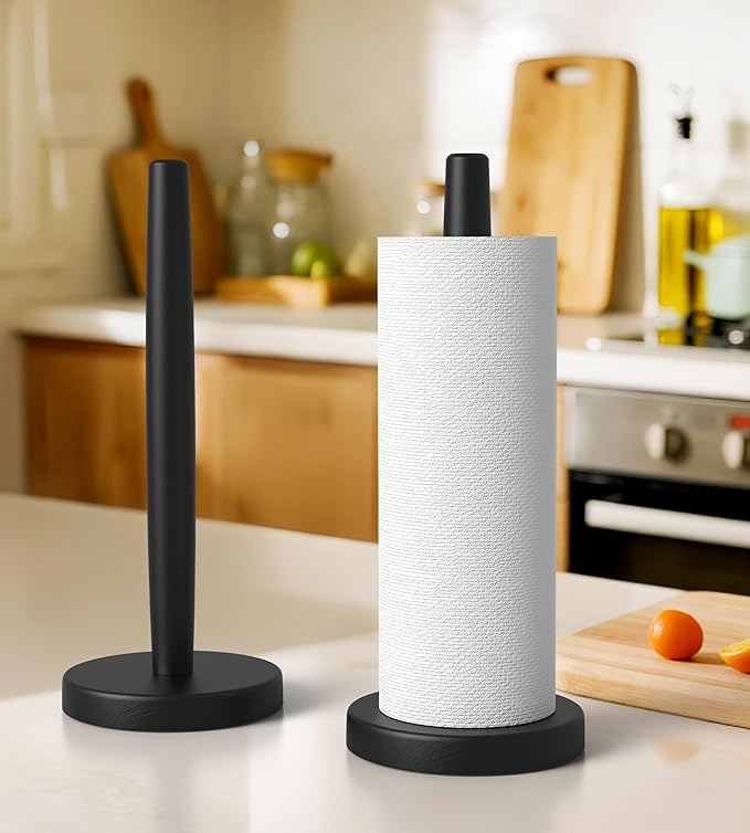 KitchLife Wooden Paper Towel Holder Countertop - Solid Freestanding Paper Towel Dispenser Stand with Anti-Skid Base (Black)