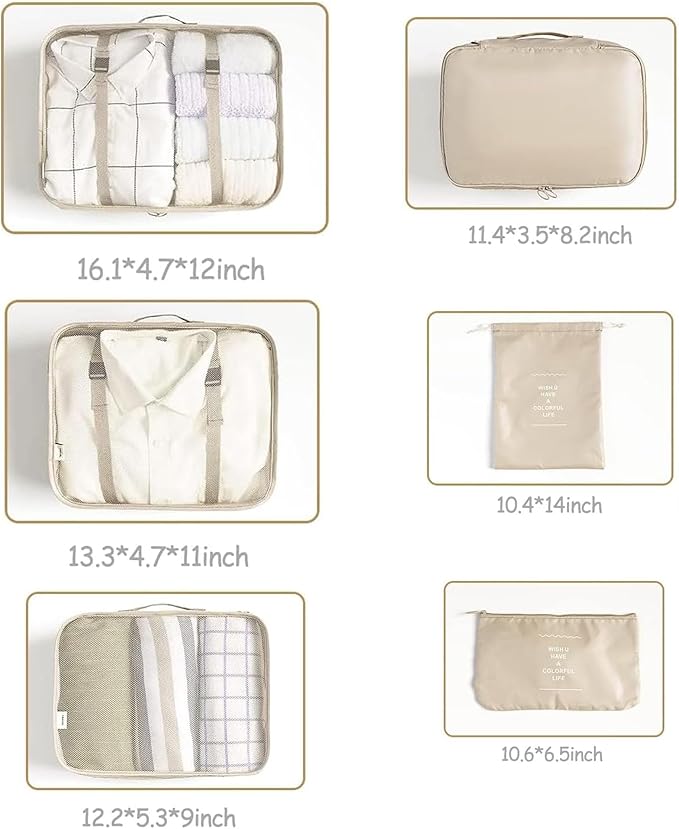 6 Set Packing Cubes for Travel, Luggage Organizers with Shoe & Toiletry Bags, Lightweight Suitcase Organizer for Carry-On, Washable Laundry Bags (Beige)