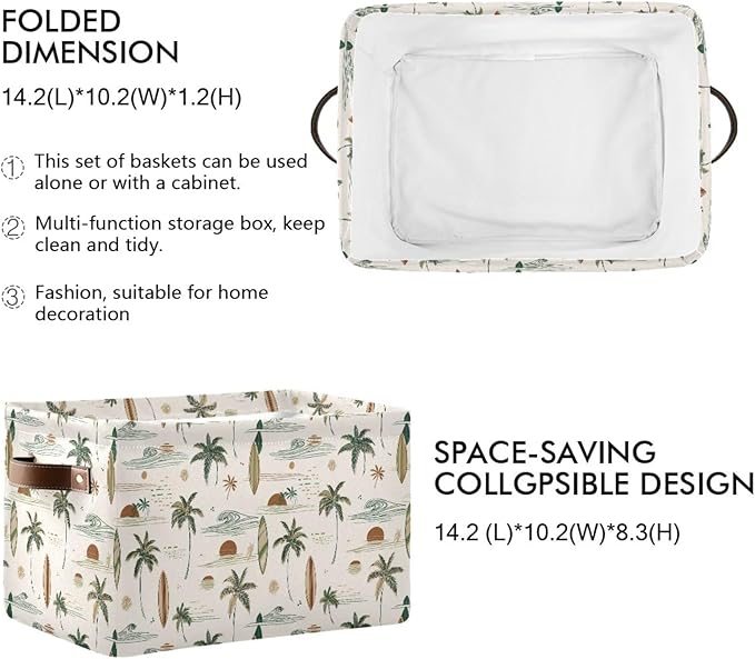 Aslsiy Storage Basket - Hawaii Palm Surf Nursery Bins Brown Baby Box Canvas Clothes Shelf Laundry Hamper Gift Basket for Home Closet - 1 Pcs