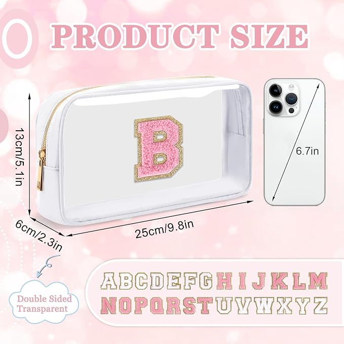 Small Clear Personalized Initial Makeup Bag,Nylon Preppy A-Z Chenille Letter Patch Cosmetic Pouch Beach Toiletry Bag,Waterproof Zipper Travel Purse Storage Bag Organizer for Women Girls(White-Pink B)